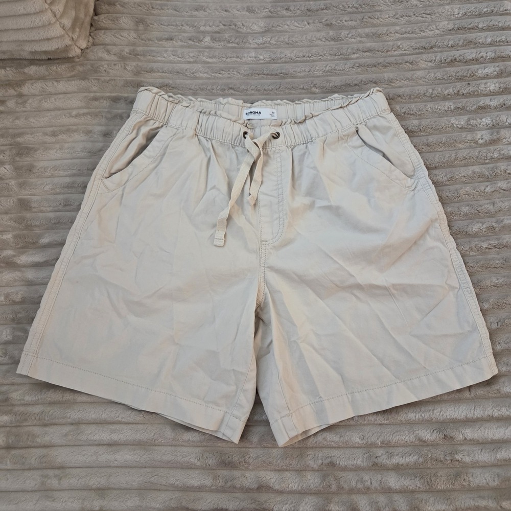 Sonoma Womens Chino Shorts Size M Beige Solid Elastic Waist Drawstring Pockets